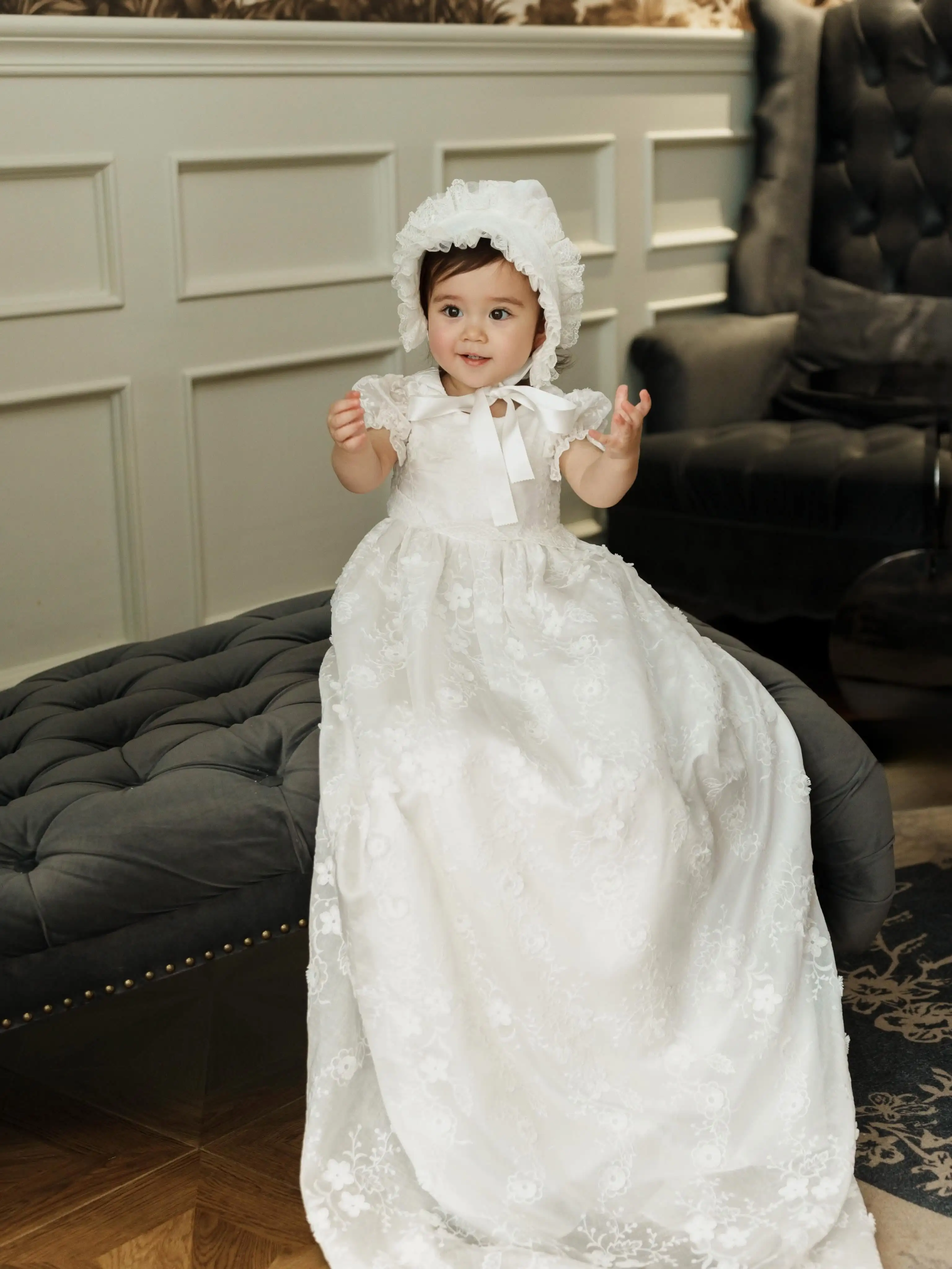 Quality Lace Christening Gown for Baby Short Sleeve First Communion Dress Infant Toddler Girls Baptism Flower Girls Dresses