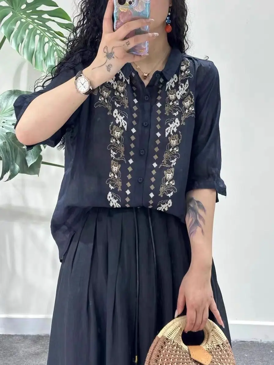 Camisa de Linho Bordada Retro, Ajuste Solto, Colarinho, Moda Feminina, Novo Top de Verão de Alta Qualidade em Algodão