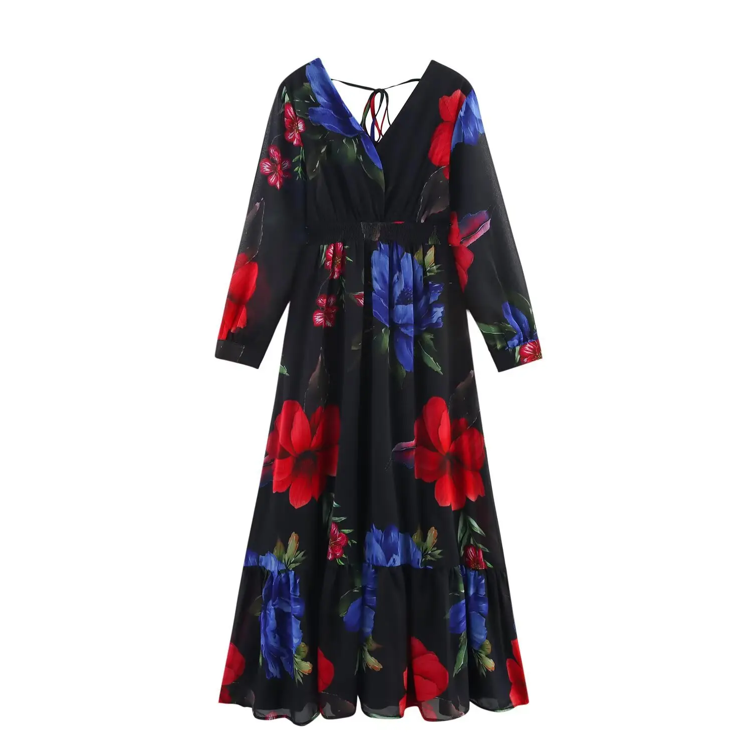 2025 Abito da donna primaverile in chiffon con stampa retrò con scollo a V in vita da spiaggia Abito lungo Boho Abiti femminili