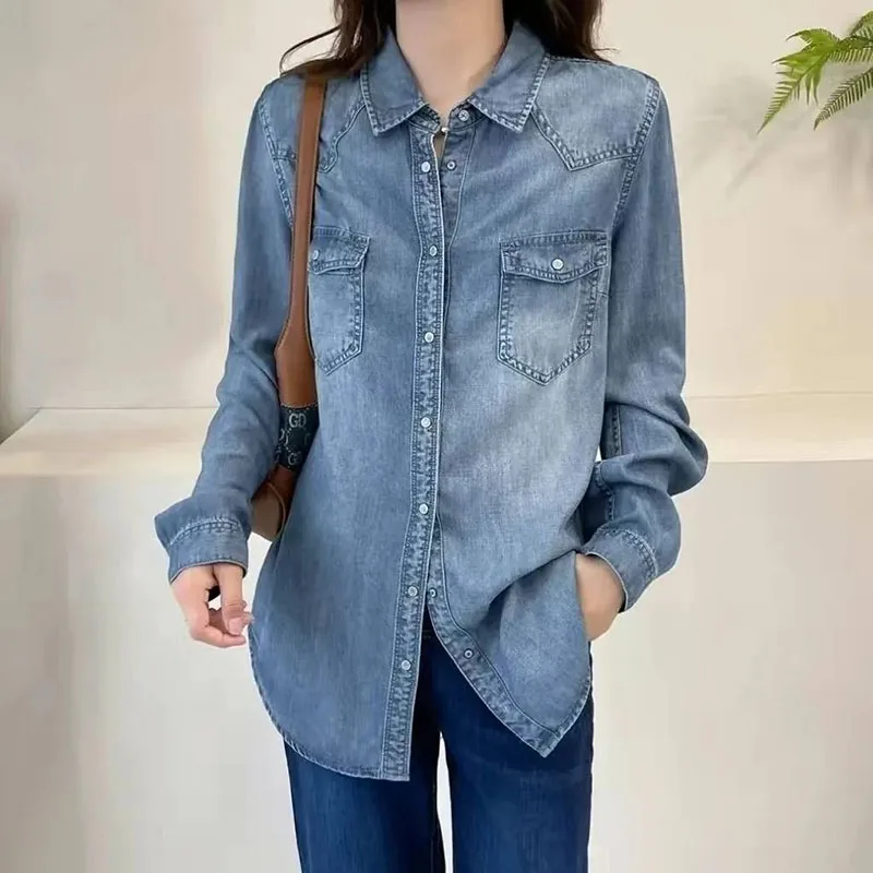 New Spring Autumn Korean Blue Cowboy Shirt Women's Long Sleeve Single Breasted Wash Denim Shirt Coat Female Jeans Blouse