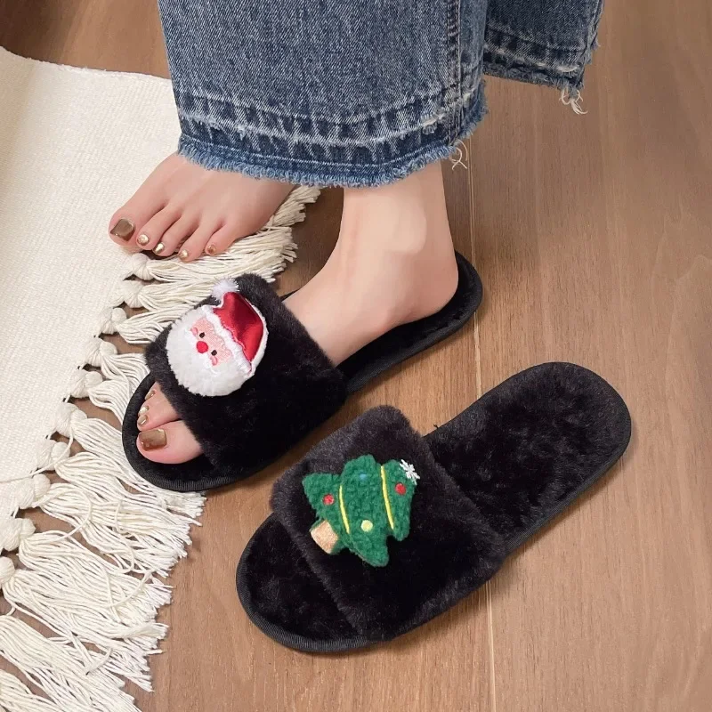 2025 جديد كبير الحجم الشتاء موضة نعال قماش عيد الميلاد المفتوحة تو المفتوحة الفراء نعال من القطن أحذية الملاعب المغطاة للنساء حذاء مسطح #5
