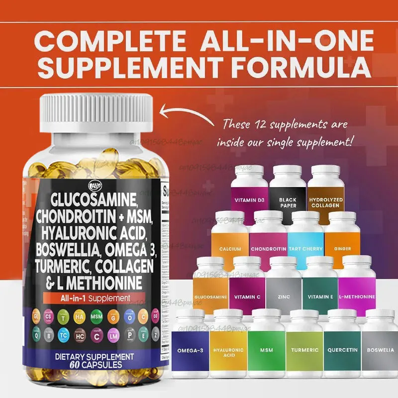 Glucosamina, condroitina, MSM, cúrcuma, ácido hialurónico, ácido de colágeno, cereza, suplemento de soporte para articulaciones, cápsulas de Quercetin Omega 3