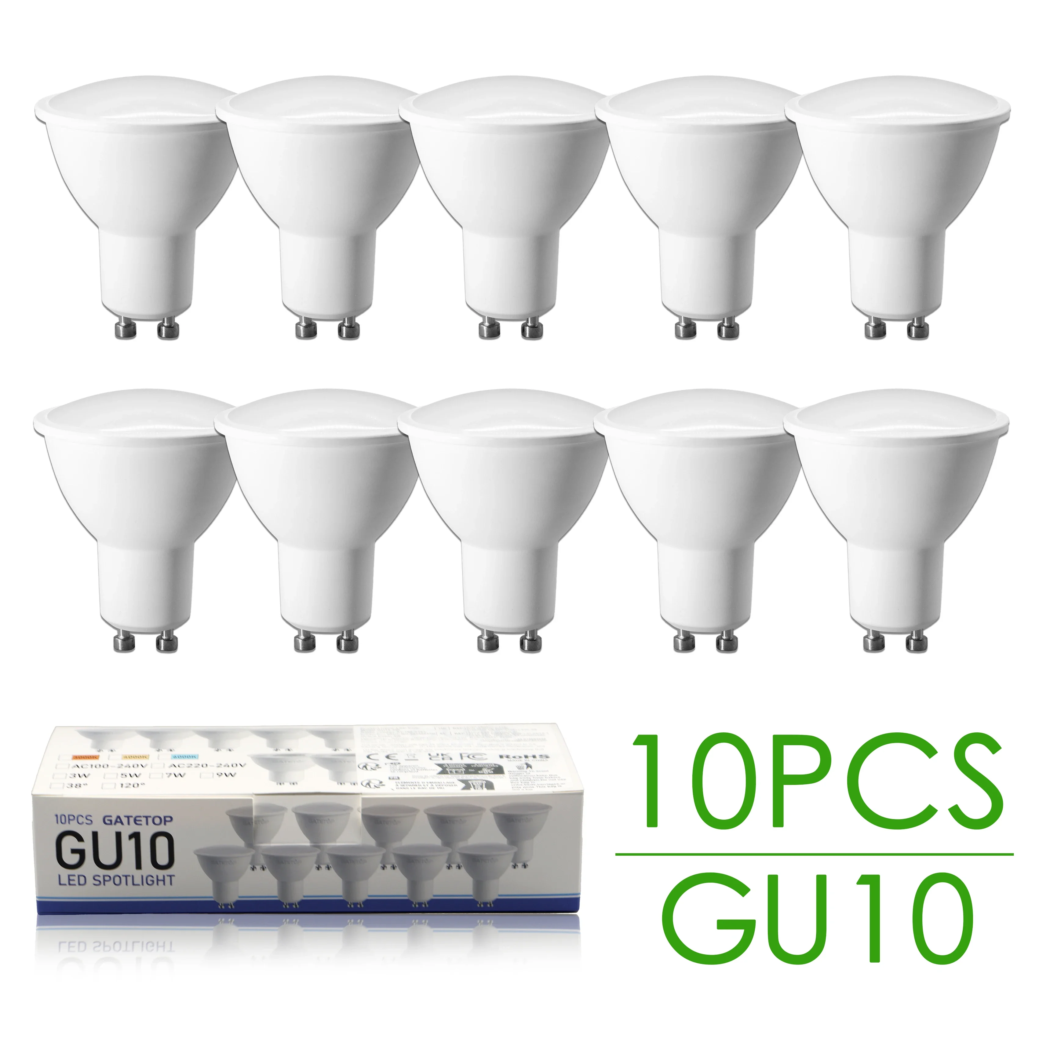 Image of 10er-Pack GU10 LED-Glühbirnen, 9 W, 3000 K, warmweiß, 4000 K, Tageslicht, 6000 K, kaltweiß, GU10-Glühbirne, Ersatz für Schienenbeleuchtung, 50 W Äquivalent, LED-Glühbirne für Küche, Dunstabzugshaube,