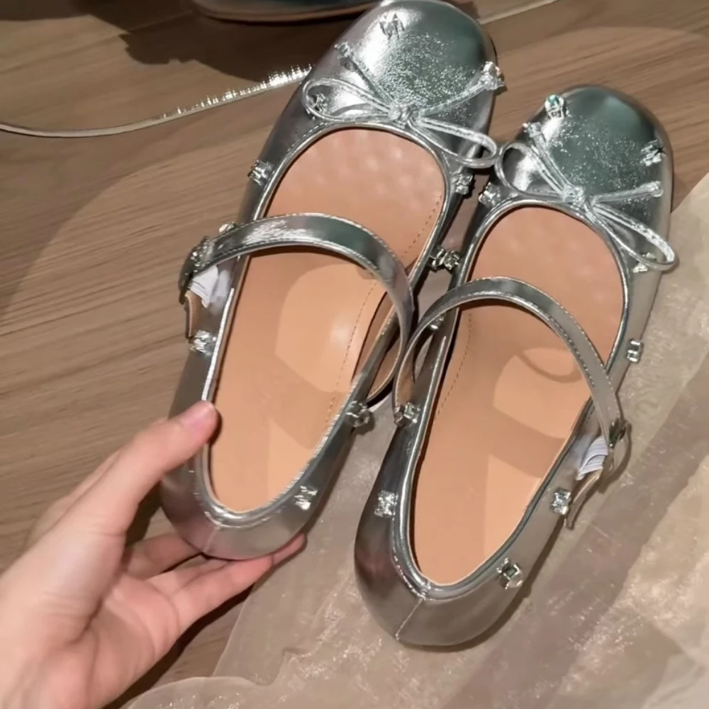 

Silver Low Heels Shoes Pumps Sweet Kawaii Mary Jane Single Shoes Round Head Bow Ballet French Women's Shoes