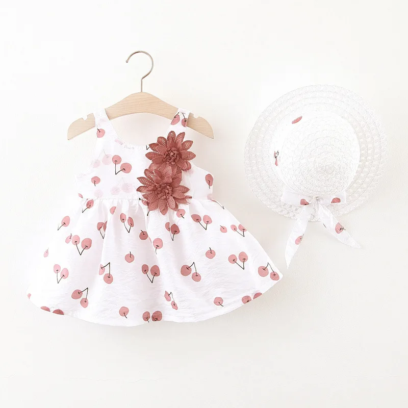 2Pcs/SetSummer New Children's Dress Girl's Korean Edition Baby Girl Two Flowers Printed Skirt with Hat