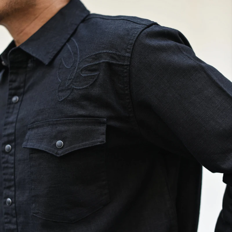 

Sauce Zhan Men's Shirts Autumn Embroidery Ramie Cotton Blended Fabric Black Long Sleeve Shirt Regular Fit