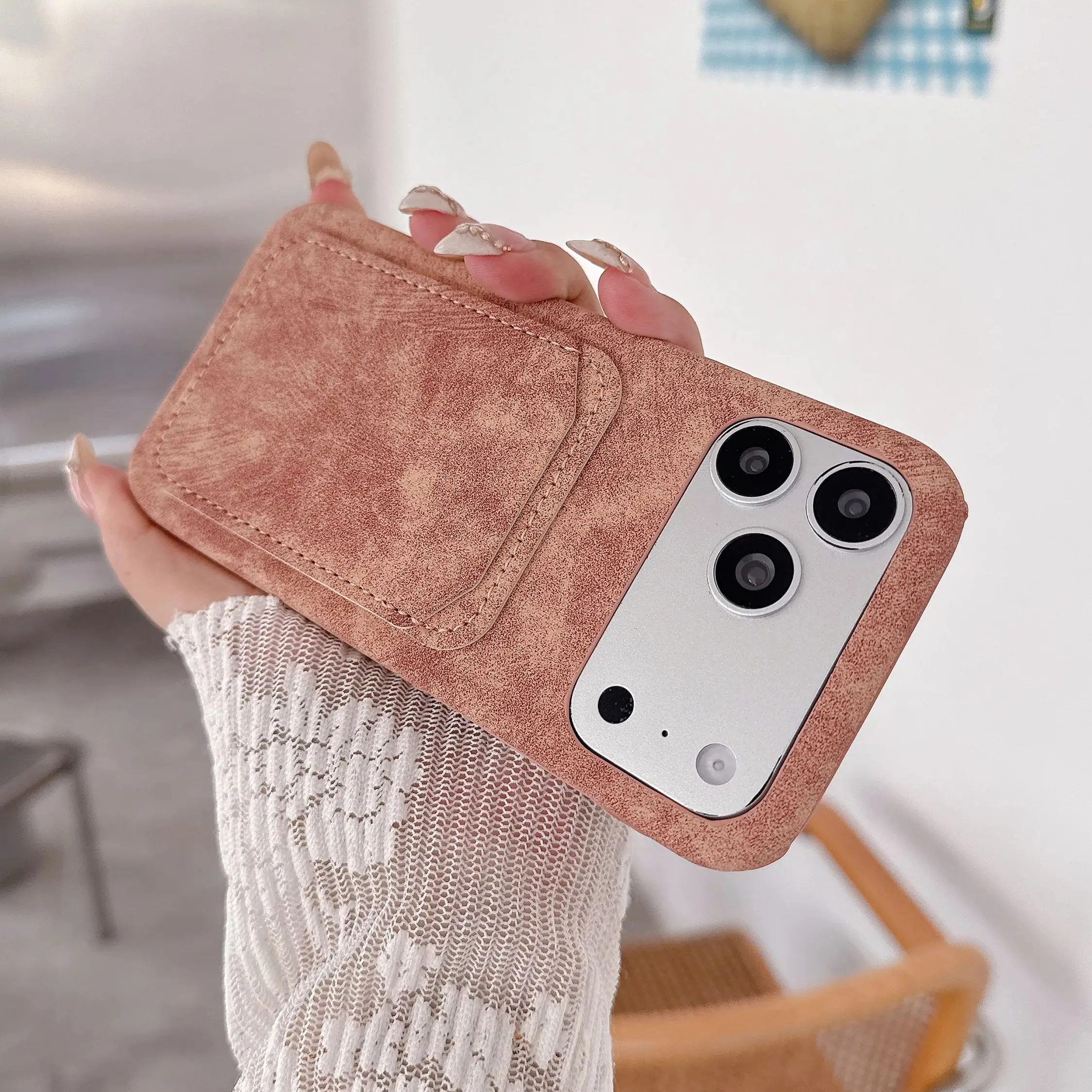 

Retro Card Holder Slot Faux Leather Suede Case For iPhone 17 Air 16 15 14 13 12 11 Pro Max Plus Matte Frameless Bumper Cover
