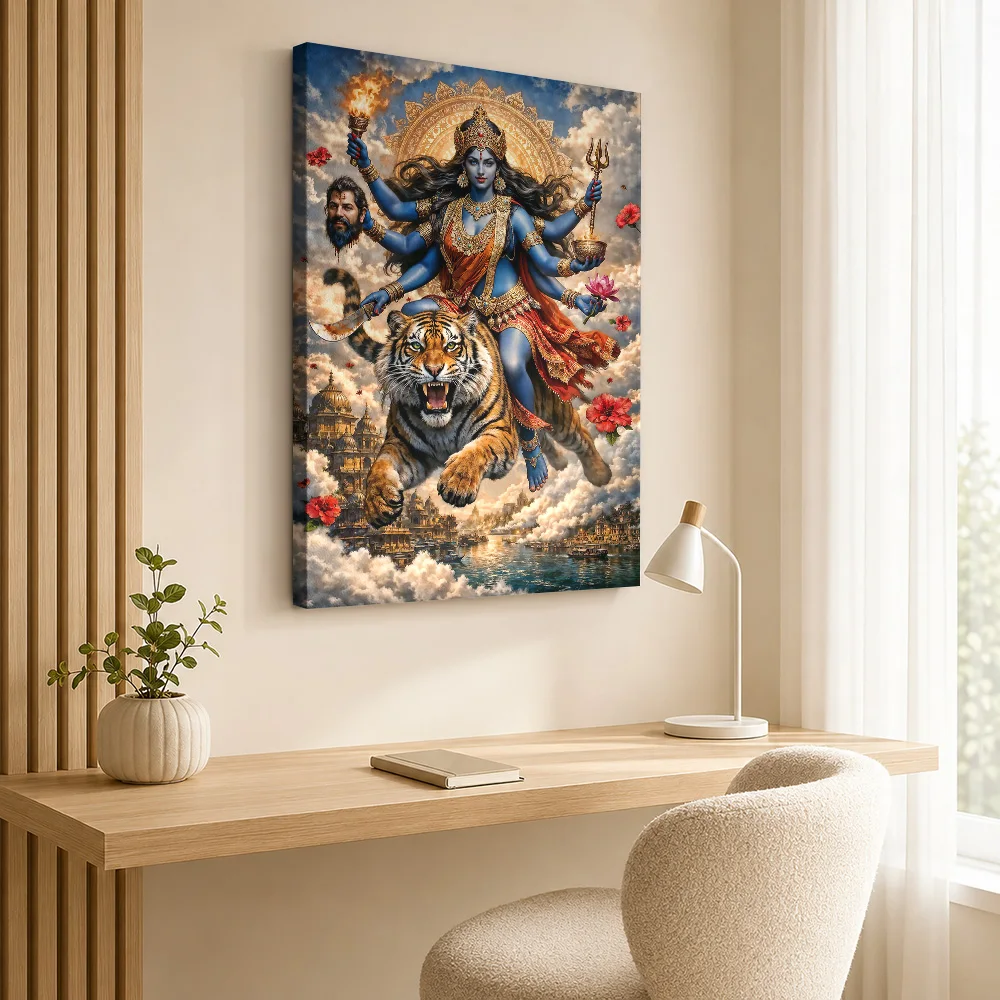 Goddess Kali Riding A Tiger Canvas Painting Poster Personalized Spiritual Mythology Wall Art for Bedroom Study Room Decoration