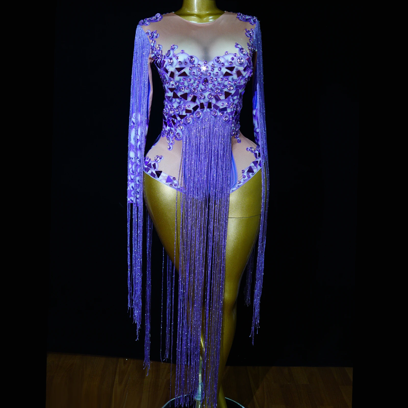 

Purple Sparkling Rhinestone Tassel Jumpsuit Lesbian Queen Stage Performance Outfit Gogo Suit Singer Club Celebration Outfit