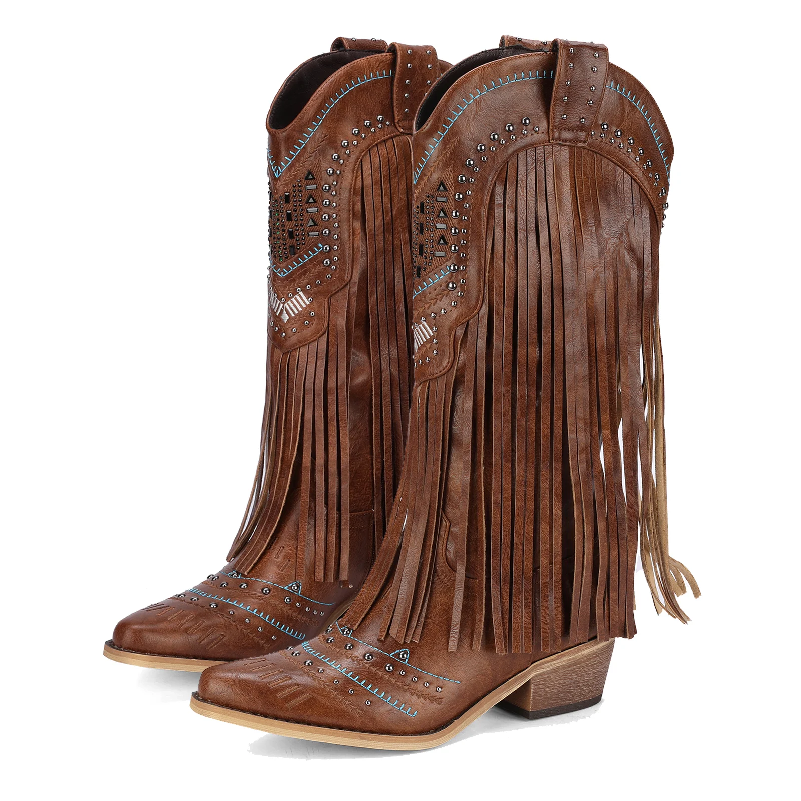 Elegant Wedding Boots for Women: Brown Knee-High Western Style with Fringe, Studded Detail, Wide Calf Fit, Pointed Toe & Tassel