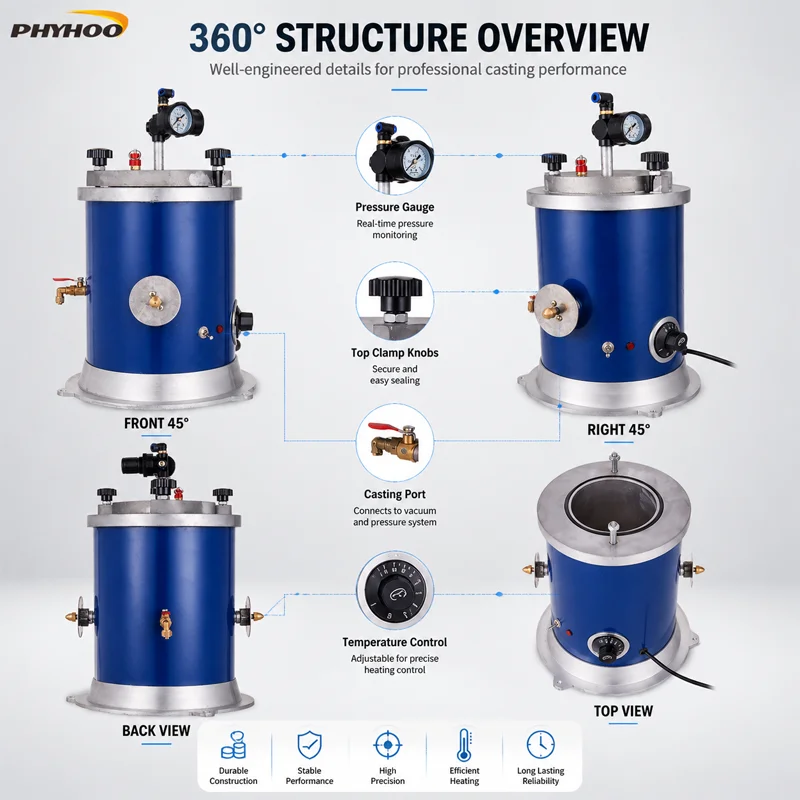 PHYHOO 1500W Vacuum Casting Machine 1150C Digital Jewelry Melting Furnace Pressure Control System for Gold Silver Metal Crafting