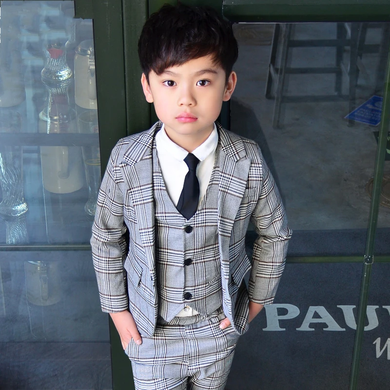 Boys Plaid Suit Jacket Kids Formal Tuxedo Dress 3 Pcs Clothes Sets Child Wedding Party Ring Bearer Blazer Pant Costumes Outfits