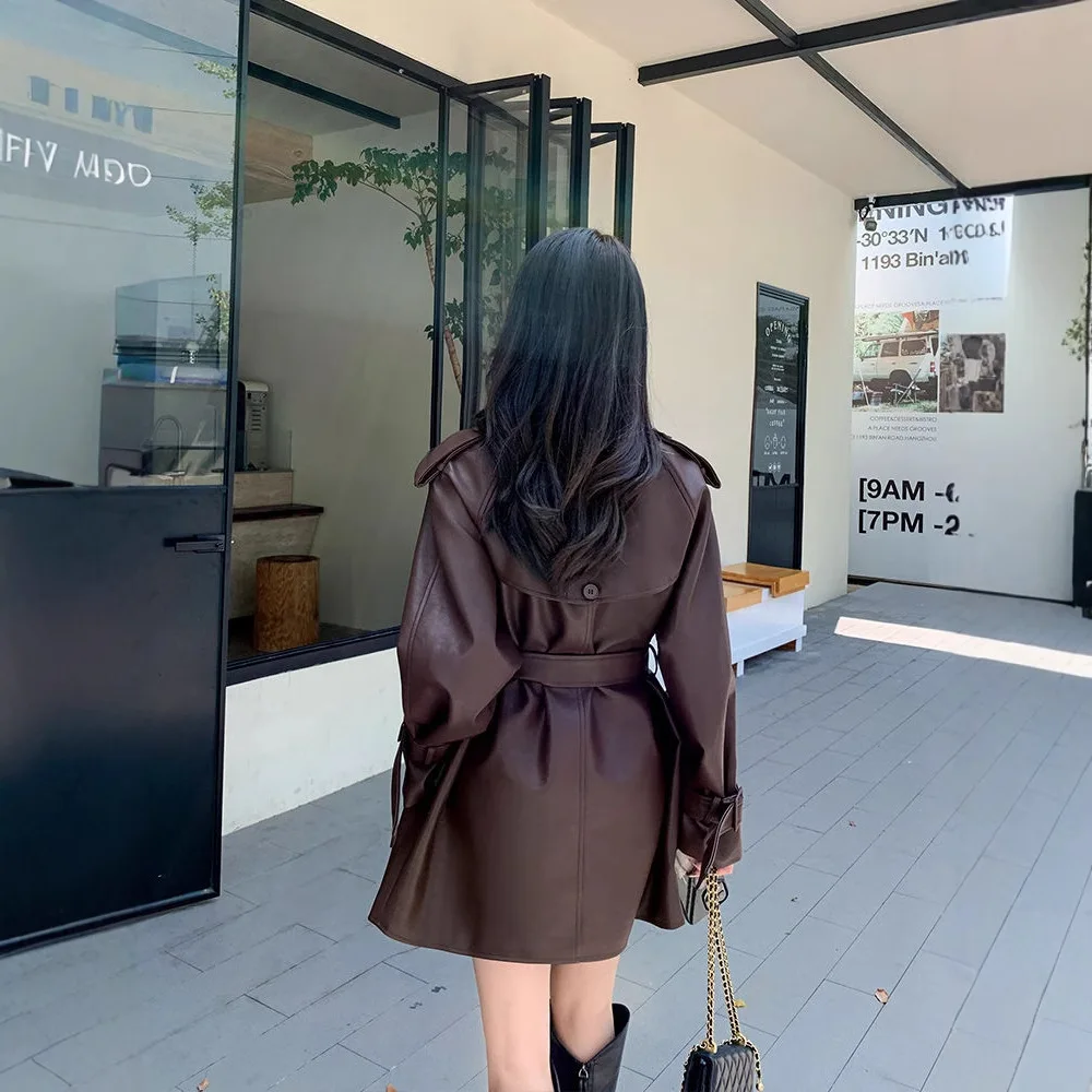 Women Leather Jacket with Belt 2025 New Korean Edition Fashion PU Leather Single Breaste Autumn Leather Windbreaker Brown Coat