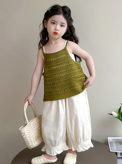 

Girls Set 2025 Summer New Childrens Clothes Korean Style Baby Girls Fashion Hollow Halter Three-piece Casual Simple and Daily