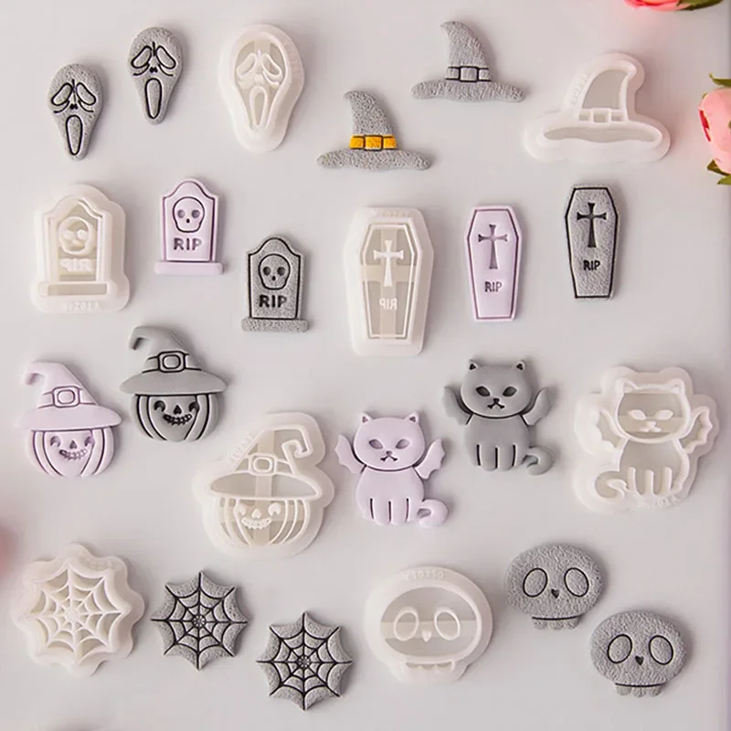 Halloween Polymer Clay Cutters Hat Pumpkin Tombstone Spider Web Skull Cats Clay Cutters DIY Earring Jewelry Hand Tools