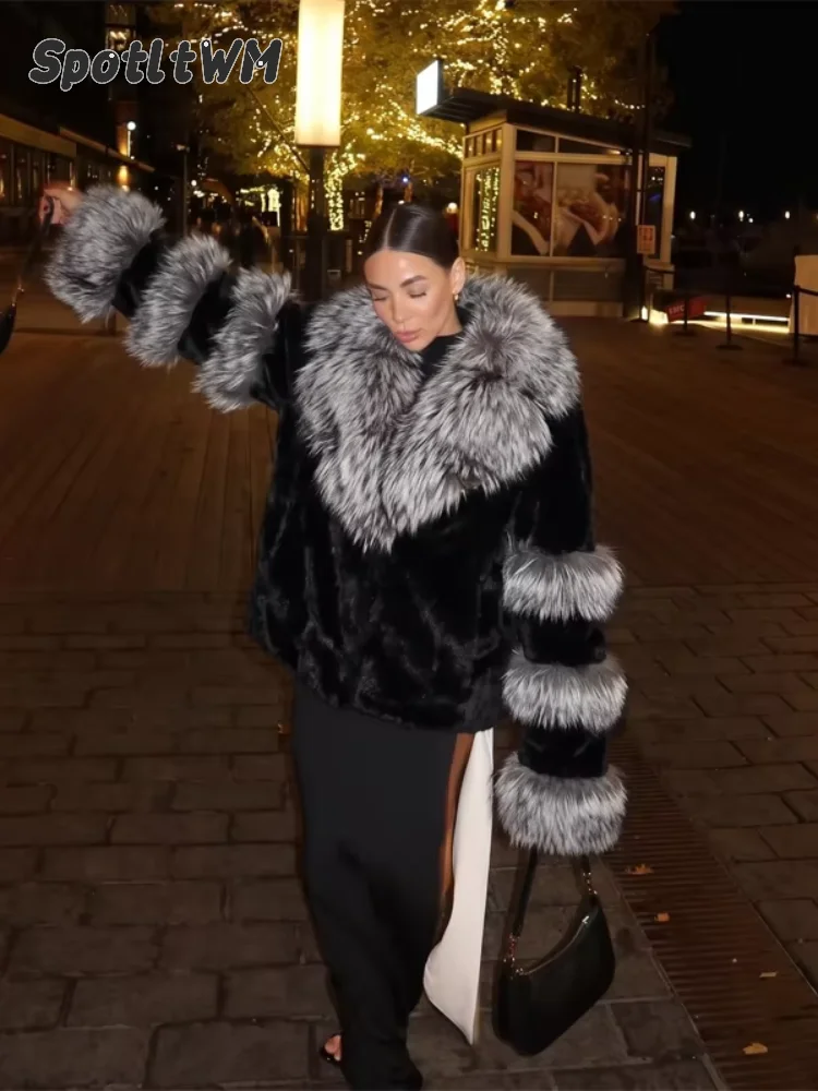 Women's Black Faux Fur Silver Fox Wide Collar Stripe Sleeve Jackets Long Sleeve Warm Coats 2026 Winter Daily Street Outerwear
