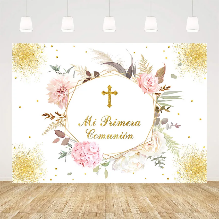 

Avezano Girl Communion Decoration Photography Background Pink Flower Mi Bautismo Golden Cross Backdrop Photo Studio Photophone