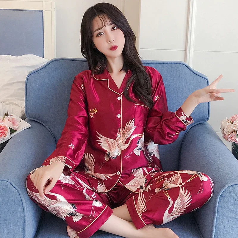 

2PCS Pajamas Sets Womens Long Sleeve Long Pants Sleepwear Silky Satin Home Wear Nightgown Oversize 5XL Autumn New Sleepshirts