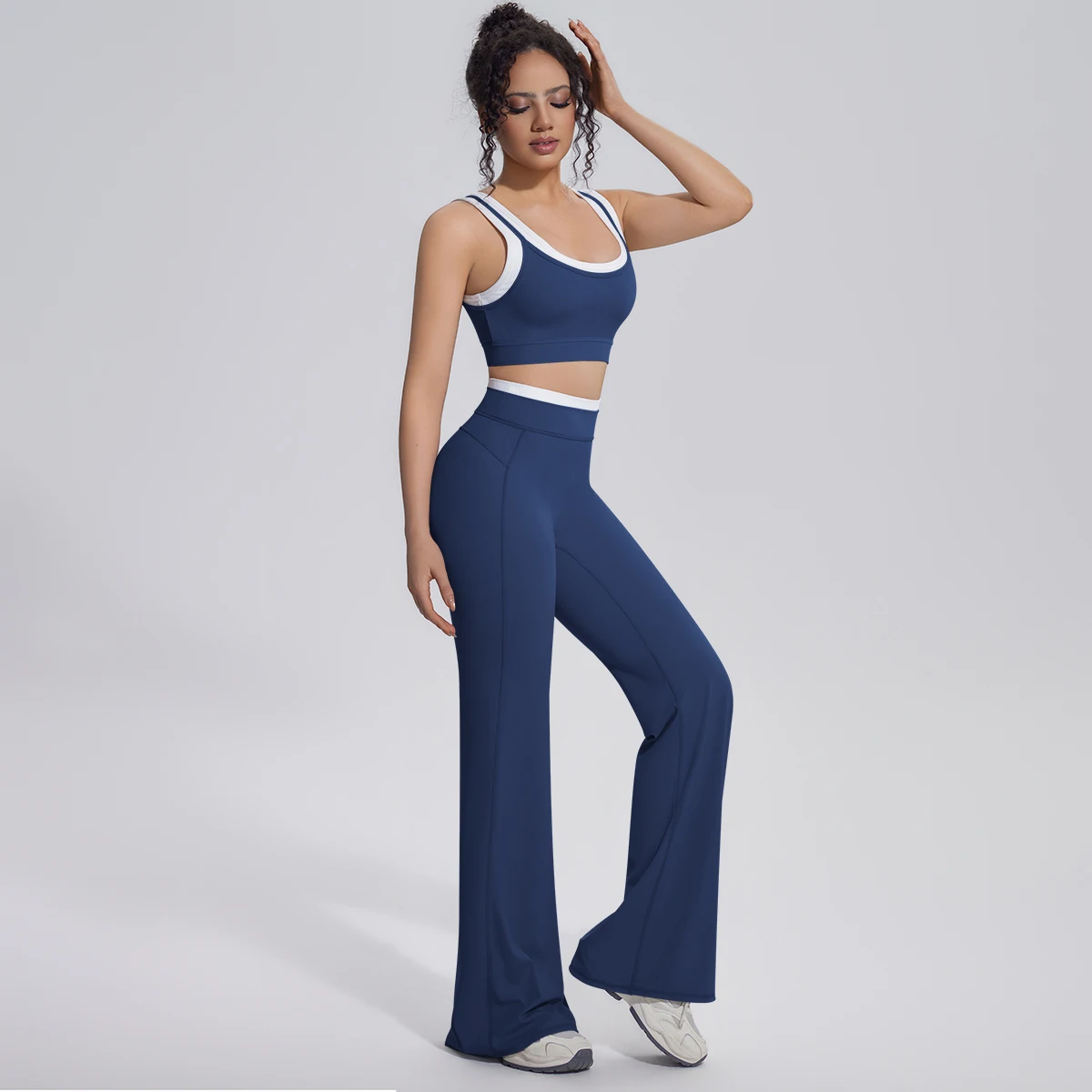 Neues Farbblock-Set mit Schönem Rücken-Yoga-BH und Weiten Hosen für Sommer, Fitness, Laufen und Workout, Hochelastisches, Lockeres Schlaghosen-Oberteil – Detail 14