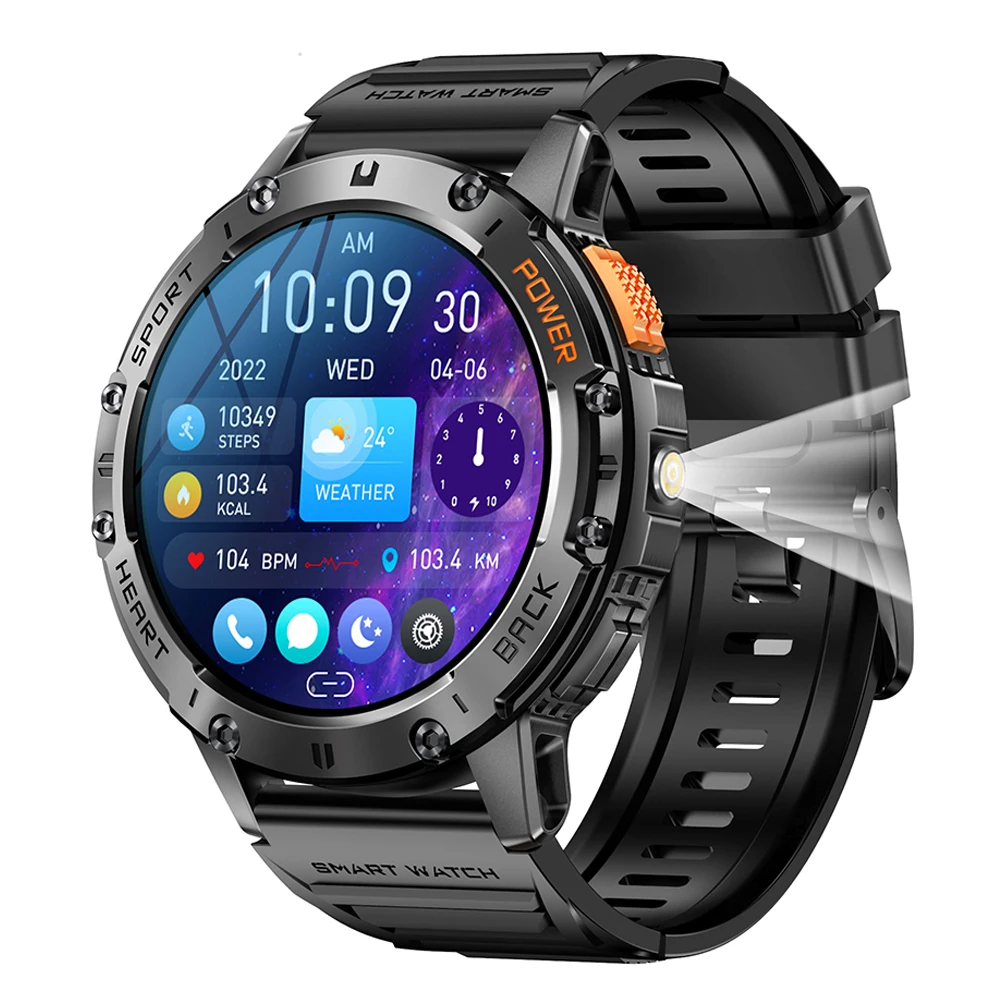 2026 K65 Relojes Smart Watch Flashlight 1.43 Inch AMOLED Screen Waterproof BT Call Heart Rate Health Sports Smartwatch For Men