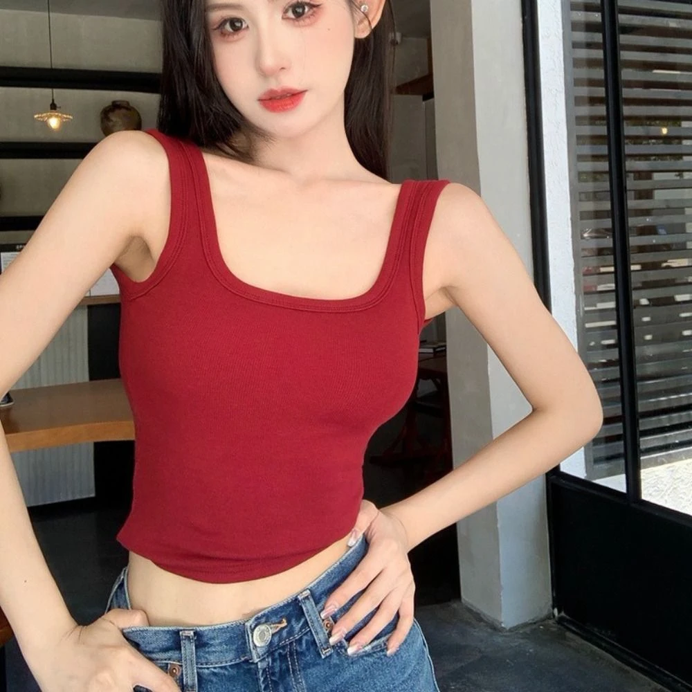 

Sweet Square Neck Sleeveless Crop Top Backless Slim Fit Sweet Girl's Tank Top Beachwear Undershirts Camisole with Pads Lady