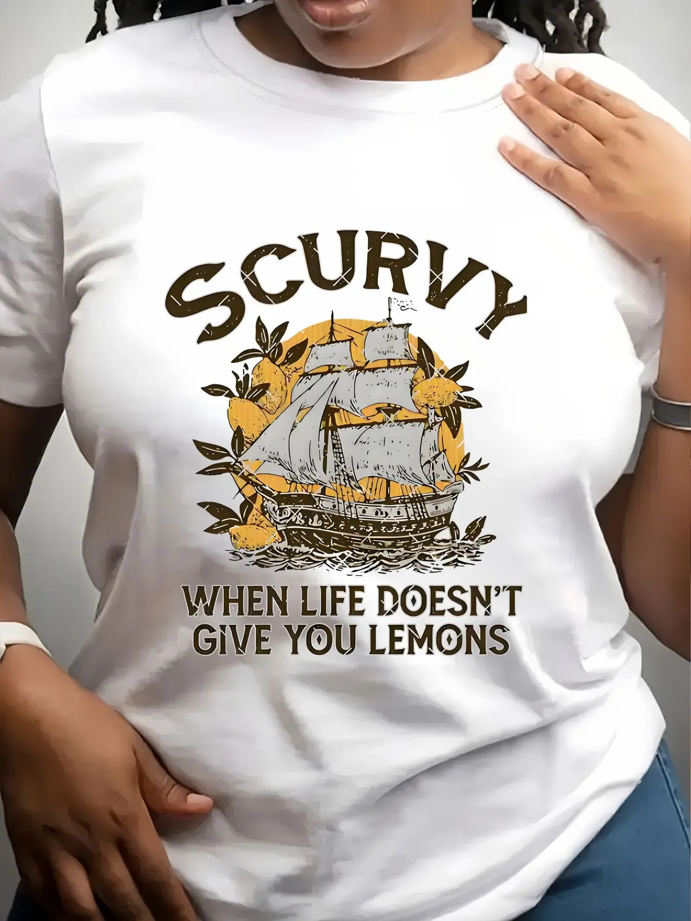 Women's Trendy Crew Neck T-Shirt Scurvy Ship with Lemons Design Suitable for Casual Sportswear