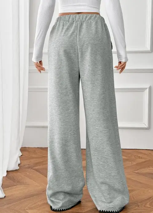 

Autumn 2025 Color Blocking Splicing Lace Up Casual Straight Leg Pants for Women, Fashionable Slim Fit High Waisted Lace Up Pants