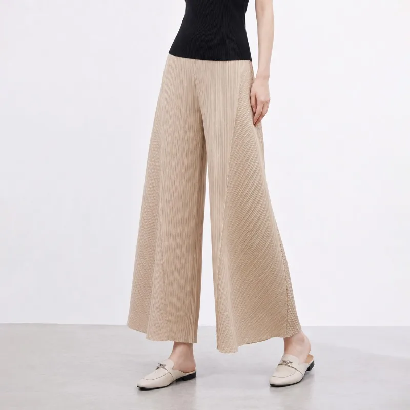 Miyake Pleated 2026 New Spring and Autumn Patchwork Wide-Leg Pants with High Waist Draped Large Hem Nine-Point Casual Pants