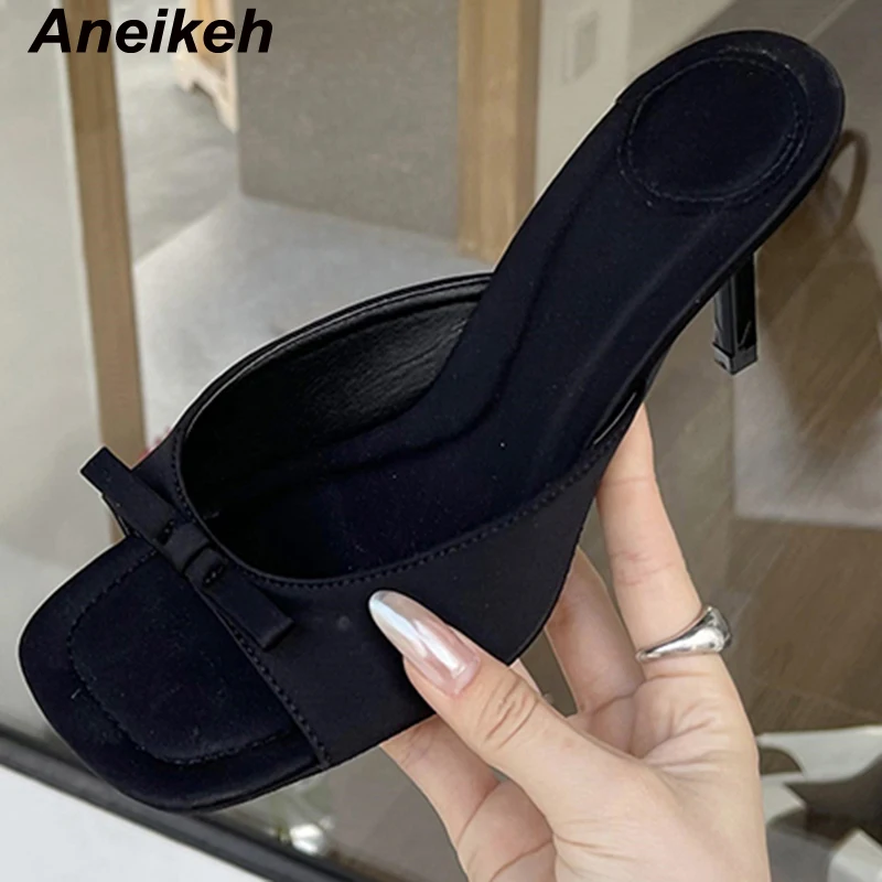 Aneikeh Slipper Mules Low High Heels Shoes 2024 Summer Best Street Look Females Square Head Open Toe bow Strappy Sandals Women