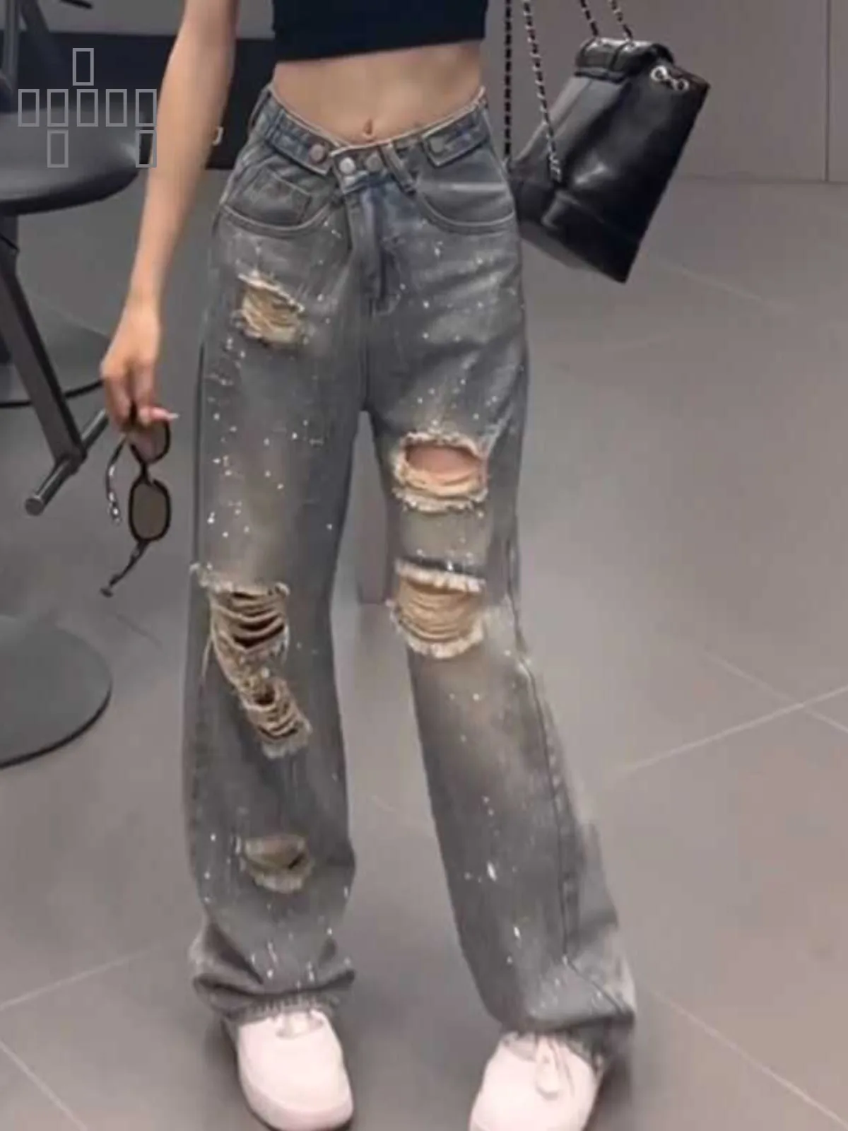 

Джинсы женские с высокой талией, широкие прямые штанины, летние, новые, с декором из страз, тонкие, с дырками, длинные, маленький размер