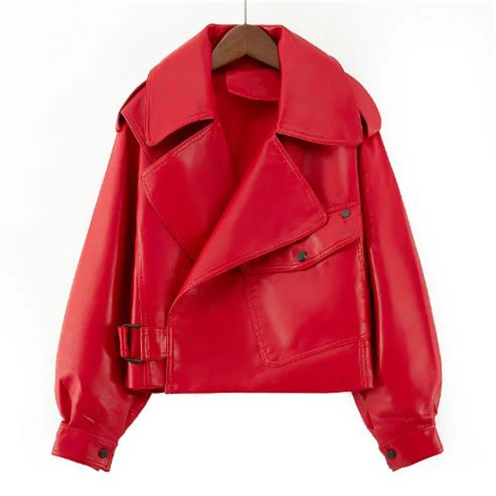 Giacca da motociclista in ecopelle da donna Cappotto bianco rosso Colletto couverture Giacche da moto in PU Capispalla streetwear allentato Primavera Novità