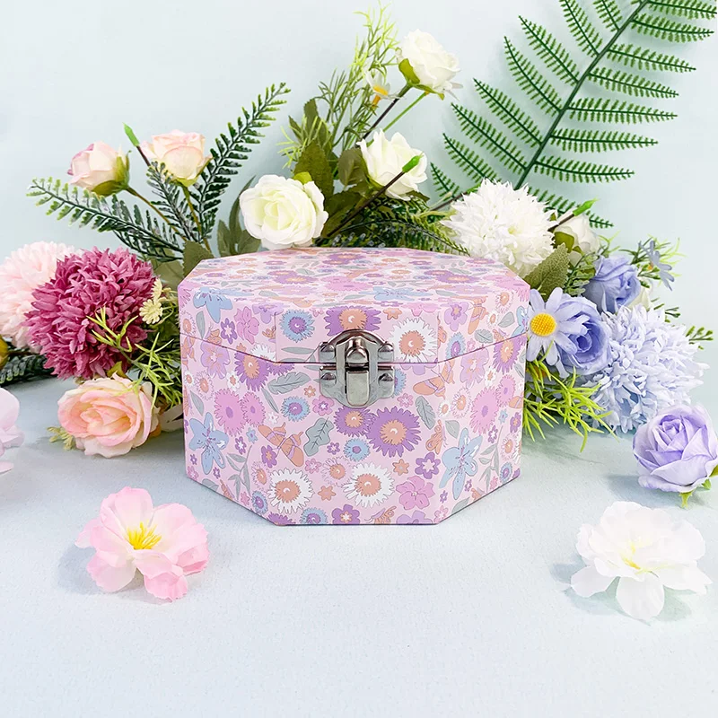Octagonal Daisy-Printed Music Box, Cardboard Music Jewelry Boxes With A Mirror, Capable Of Storing Earrings And Necklaces.