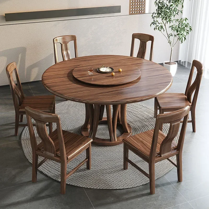 for Ebony Round Solid Wood Dining Table with Turntable Household Chinese Style Dining Table and Chair Set Simple Eating