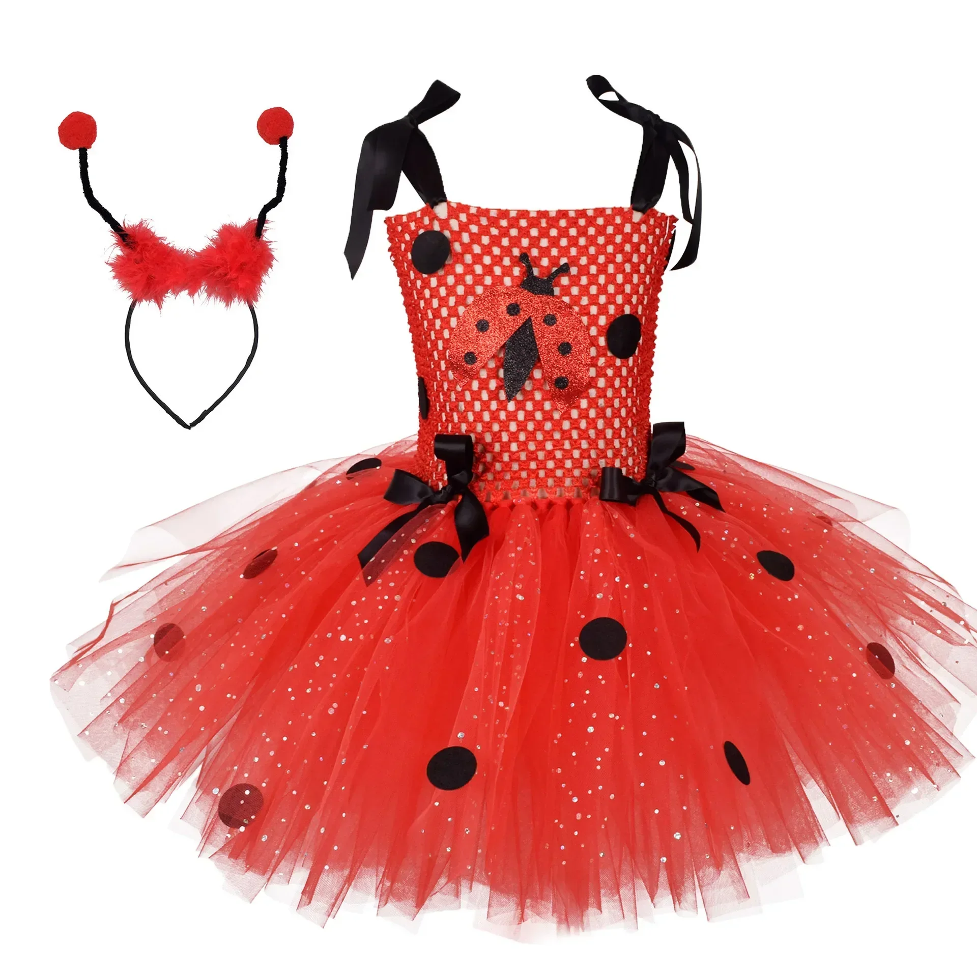 Girls Ladybird Tutu Dress Dots Flowers Girl Fancy Dress Insect Red Bug Cosplay Costume for Kids Halloween Carnival Party Clothes