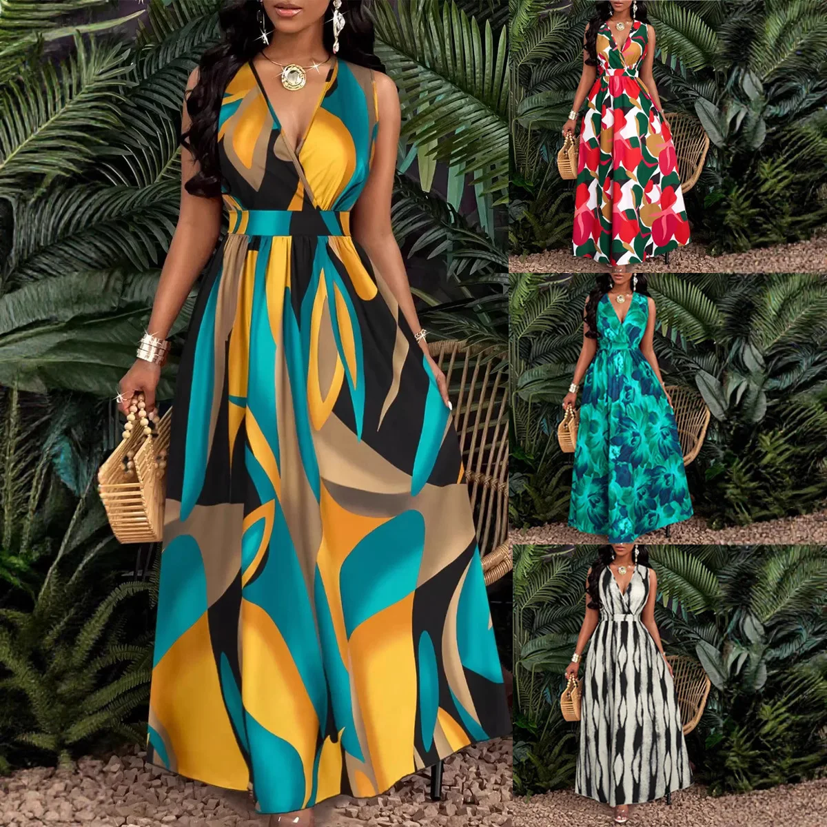 Tropical Print V-Neck Waist Section Cable Fit and Flare Dress Women Outfit Summer Long Dress