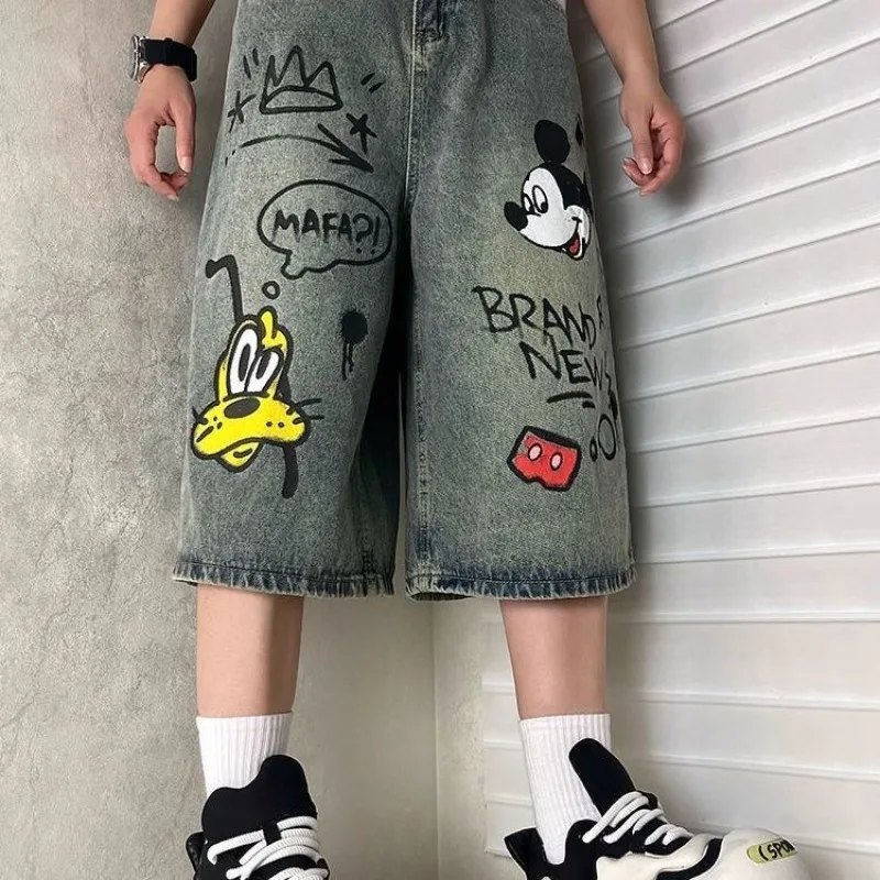 

Mickey Graffiti Design Jeans Women Curvy Fit Summer Thin Loose Wide Leg Seven-Point Denim Pants Casual Trendy Cropped Trousers