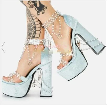 Pink Blue Color Pearl String Bead Platform Sandals Fashion Lady Chunky Heel Large Size High Heel Sandals Woman Banquet Shoes