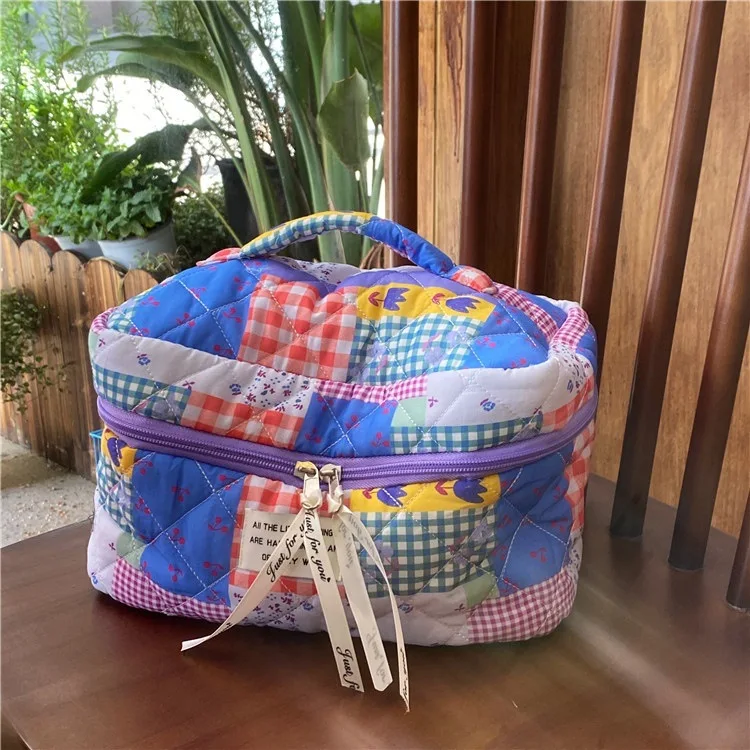 Vintage Women Cosmetic Bags Large Capacity Ladies Storage Bag Casual Travel Female Portable Toiletry Bag Splicing Plaid Handbags