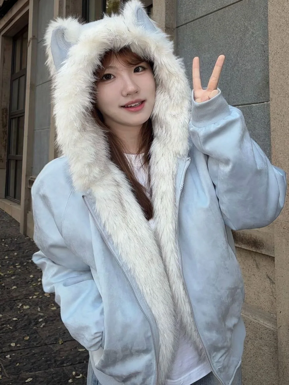 

Blue Hooded Ear Jacket Women's Winter Thickened Warm Loose Cotton Coat Fleece Lined Sweet Style Regular Sleeve Zipper