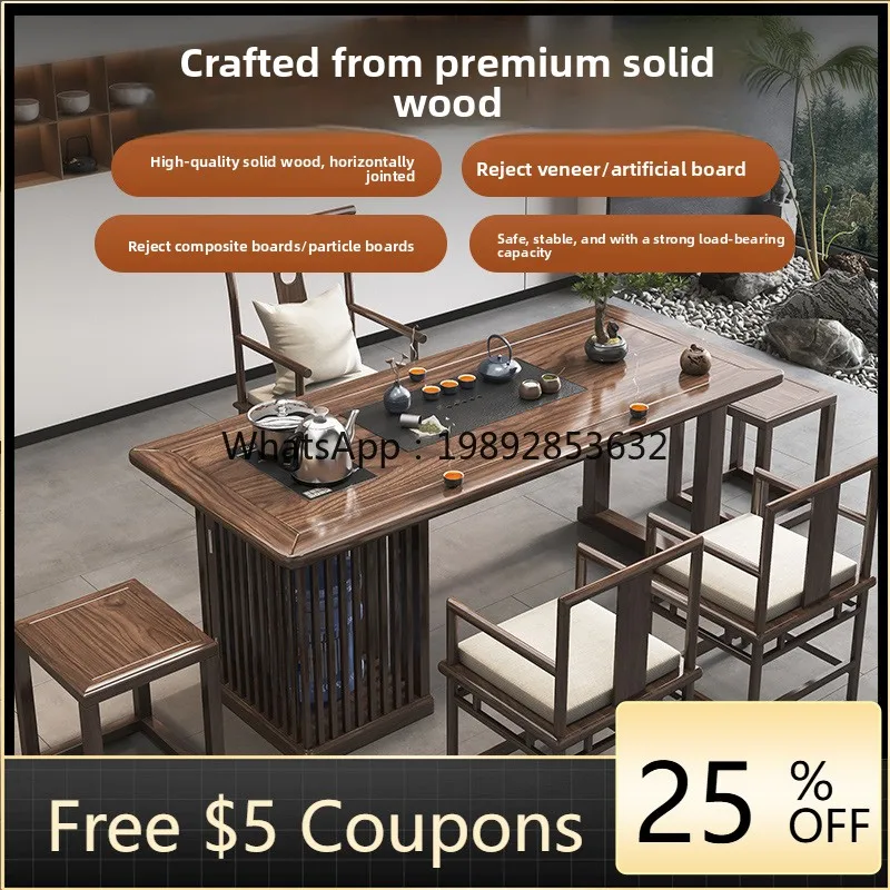 

LYY New Chinese Style Elm Tea Table Home Balcony Solid Wood Tea Table and Chair Set Office Large Board Tea Drinking