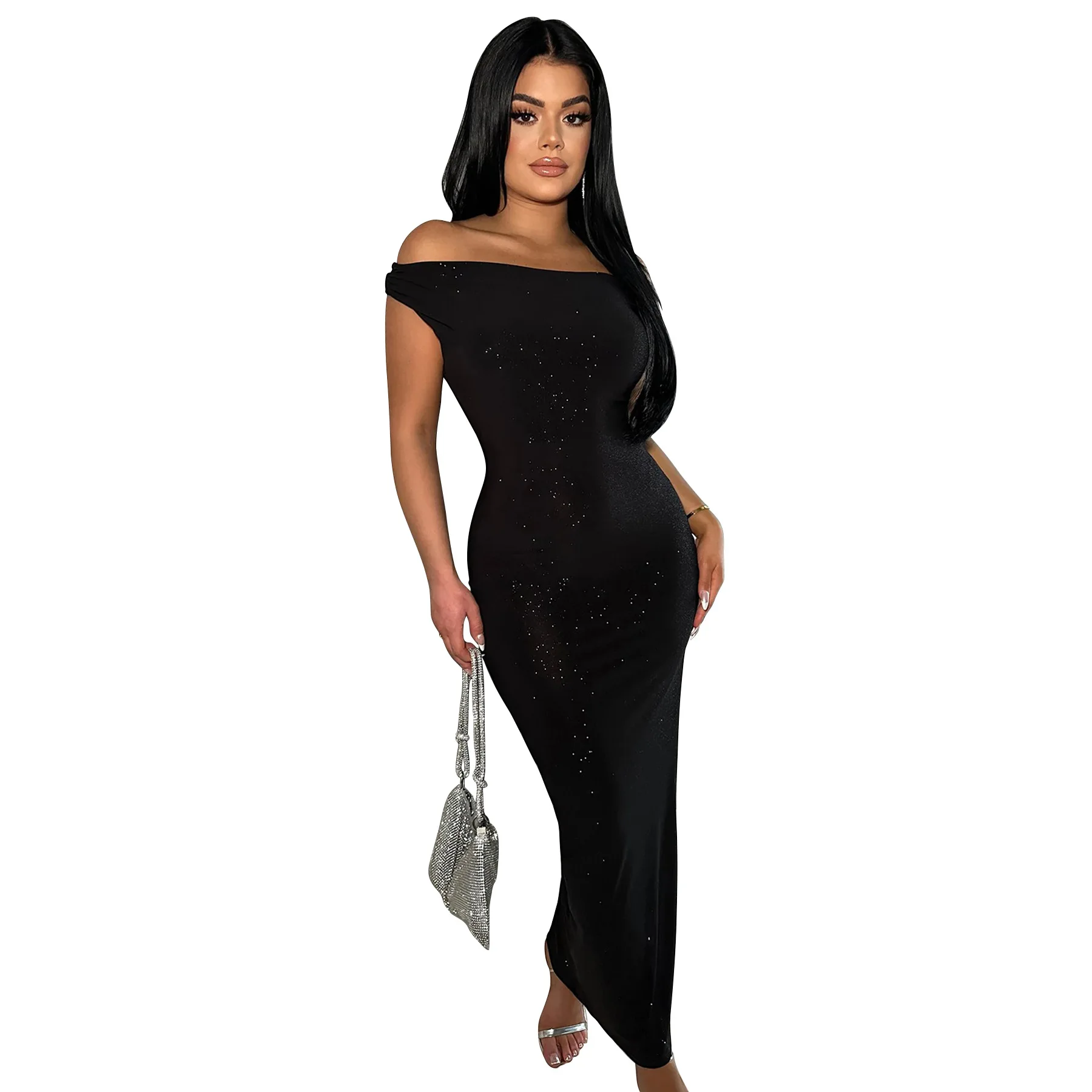 

Summer Temperament Sexy Off-Shoulder Solid Color Dress Sleeveless High-waist Pullover Party Hot Lady Long Dress