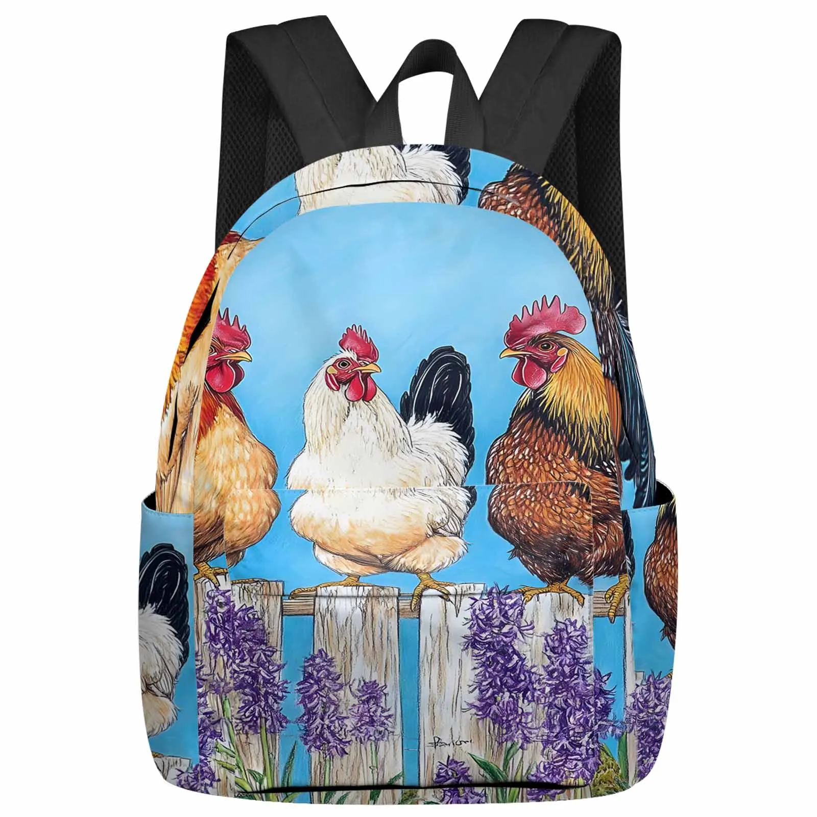 

Watercolor Rooster Farm Flowers Backpack School Bags for Teenagers Students Laptop Bag Women's Casual Travel Backpack