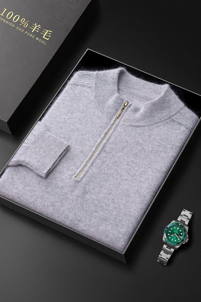 100% cashmere sweater men's color matching half-height zipper neck thick sweater business casual knitting bottoming shirt