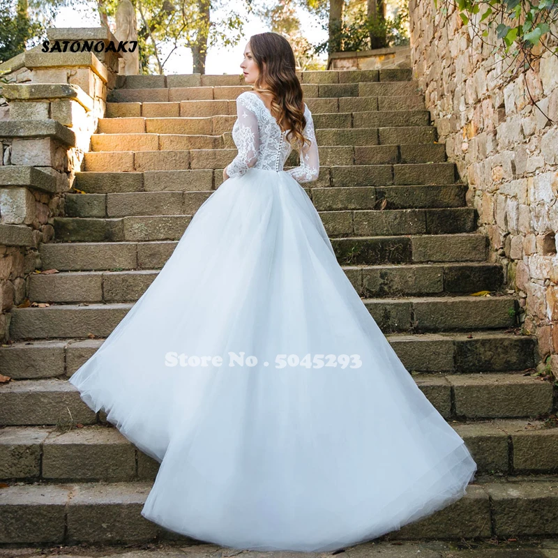 Vestidos de novia boho vestido de casamento com decote em v apliques de renda manga longa sem costas trem varredura princesa vestido de noiva robe mariée