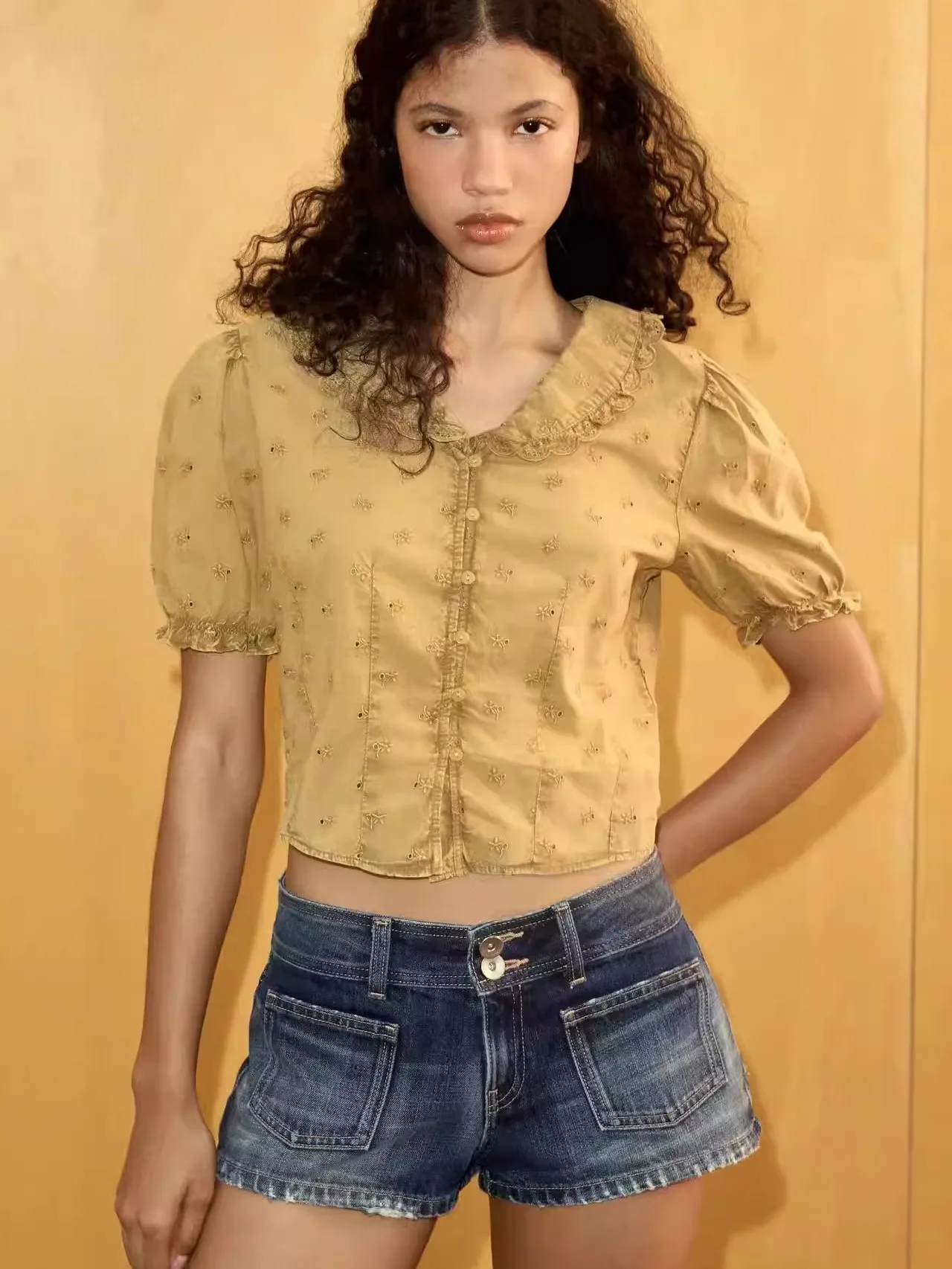 

New Summer Women's Shirt College Style Bubble Sleeve Embroidered round Collar 18-25 Years Old 2026 Summer Collection