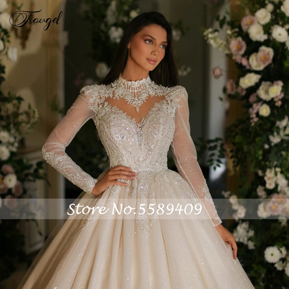 Traugel vestido de baile princesa vestidos de casamento alta pescoço manga longa vestido de novia renda bordado requintado robe de mariee