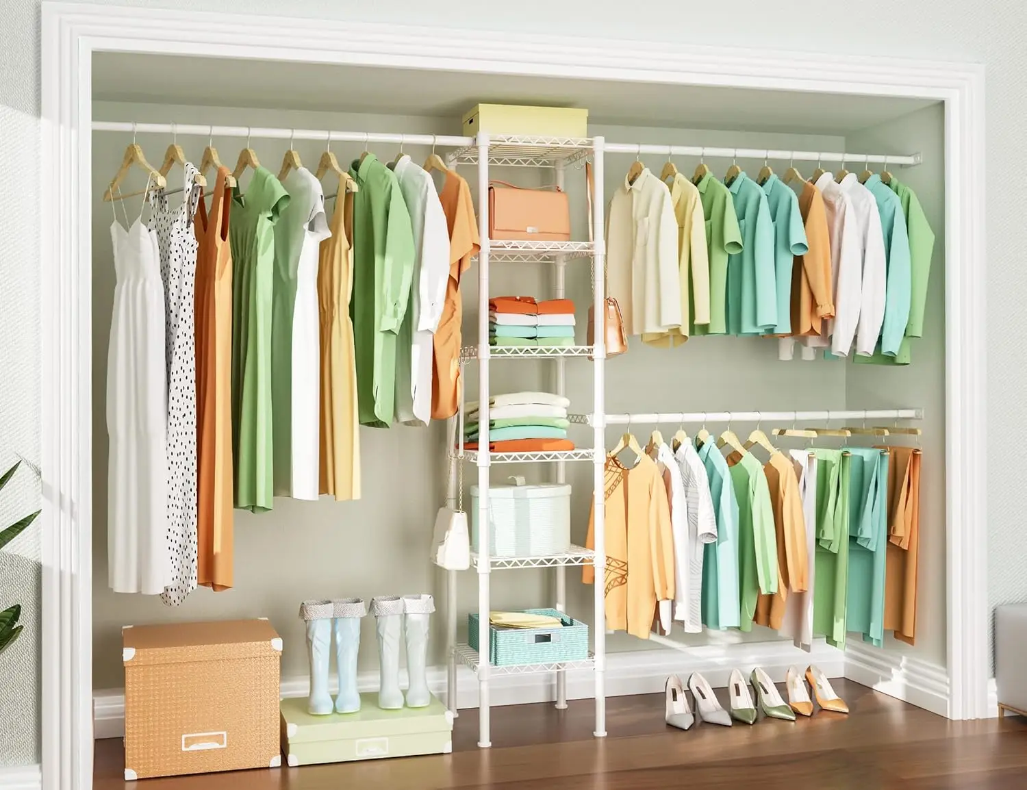 

6-Tier Closet Storage Organizer System, Heavy Duty Metal Garment Rack with 3 Expandable Hanger Rods for Suits, Adjustable Width