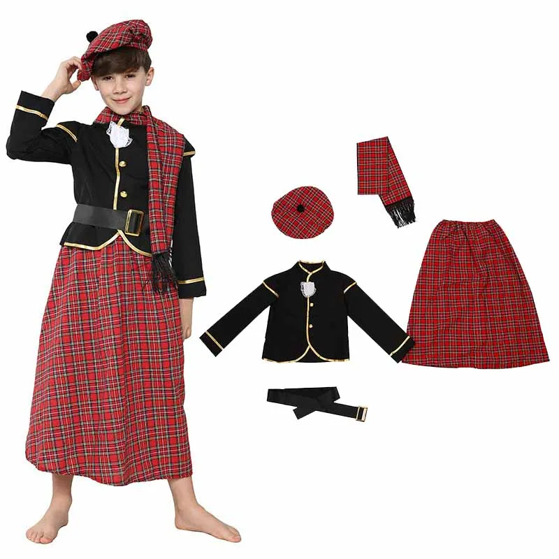 

Scottish Boys Girls Costumes Scotland Tartan Ethnic Costume Headwear Scarf Kilt Full Suits For Children Halloween Party Dress Up
