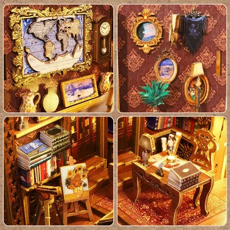 Fai da te Libro in legno Nook Scaffale Inserto Casa Kit casa in miniatura Biblioteca Scaffale Camera Casa delle bambole Fermalibri Puzzle Giocattoli Adulti Regalo di Natale