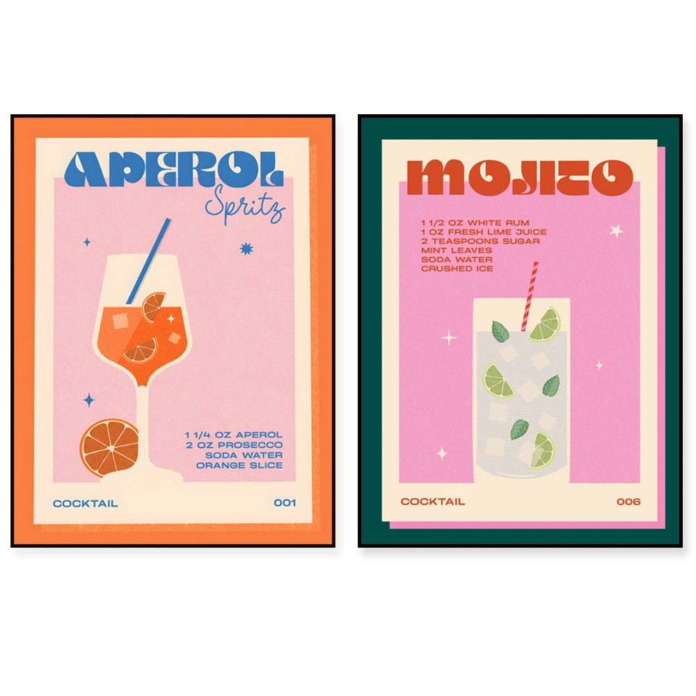 Retro Cóctel Aperol Spritz, Prosecco, Mojito, Martini Póster ilustrado, Bar Cocina Alcohol coloreado |   Colorido